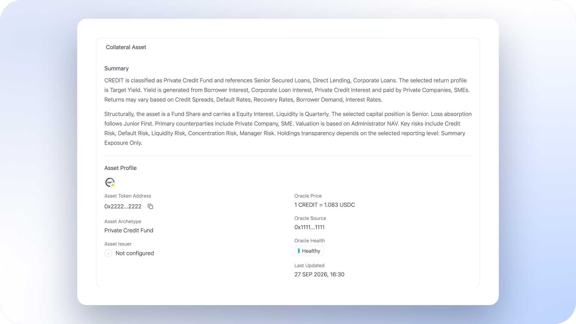 TORQ asset record with classification, valuation and oracle health.