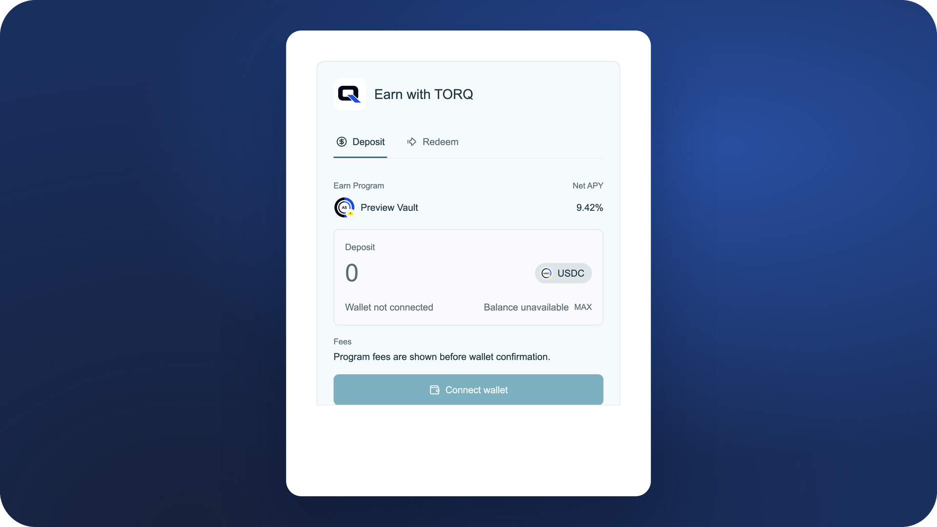 TORQ partner earning widget with yield, USDC deposits and wallet access.
