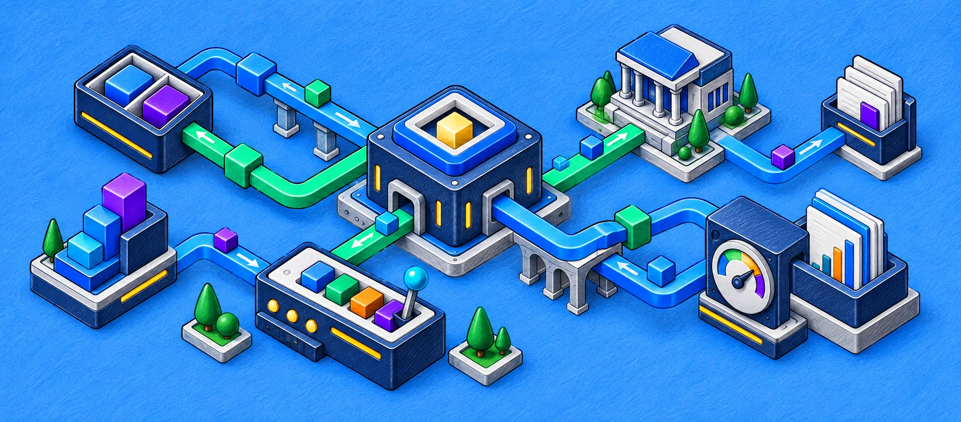 Pencil illustration of connected vault capital, asset buildings, capital structures, operating controls and valuation reports.